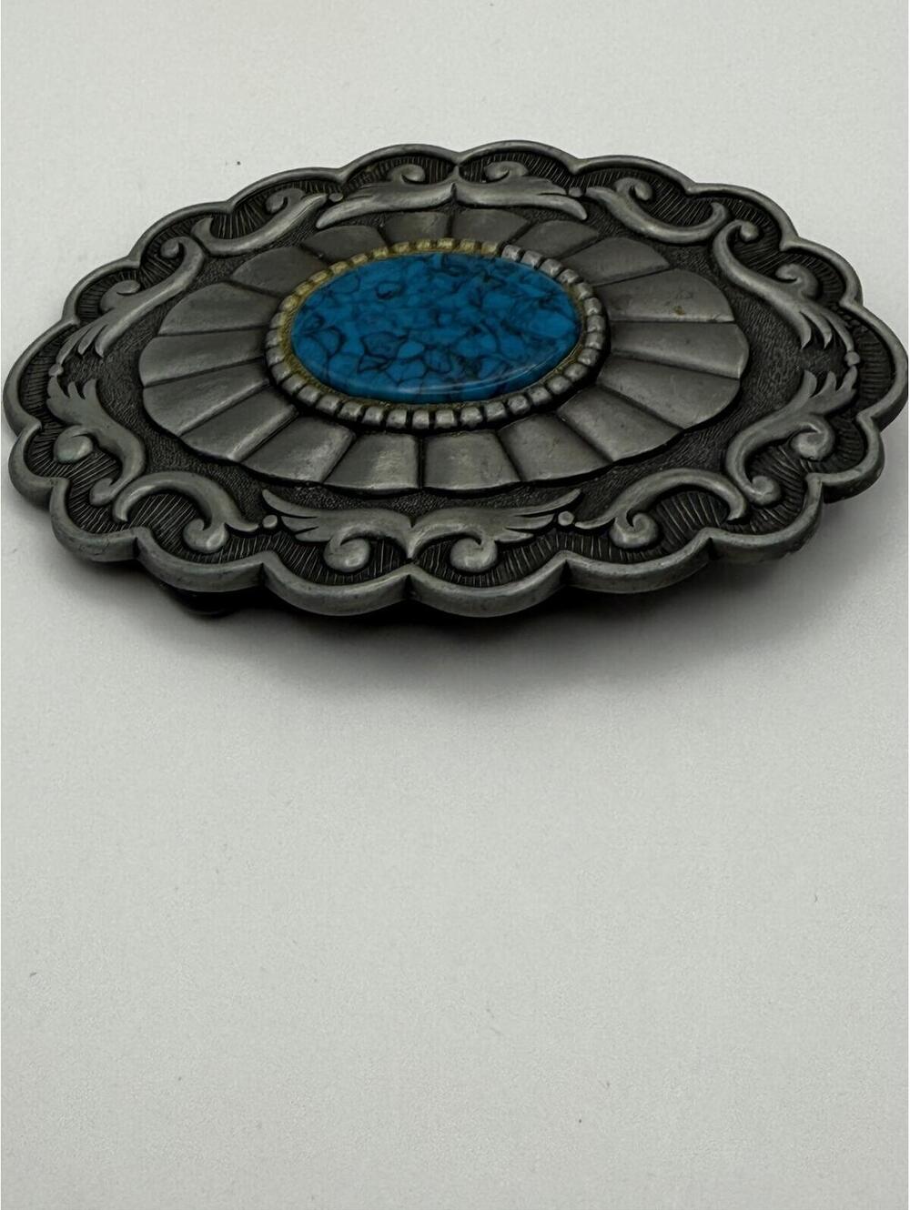 Western Style Turquoise Look Oval Belt Buckle Silver Tone Scalloped Vintage